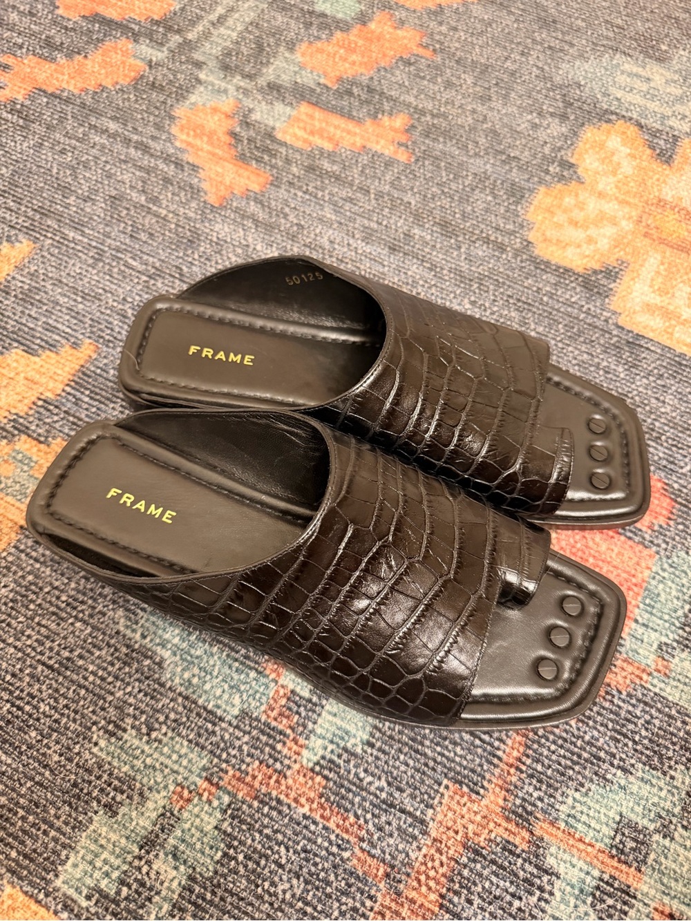 FRAME Croc Embossed Leather Toe Ring Sandals Black Slides EU 38